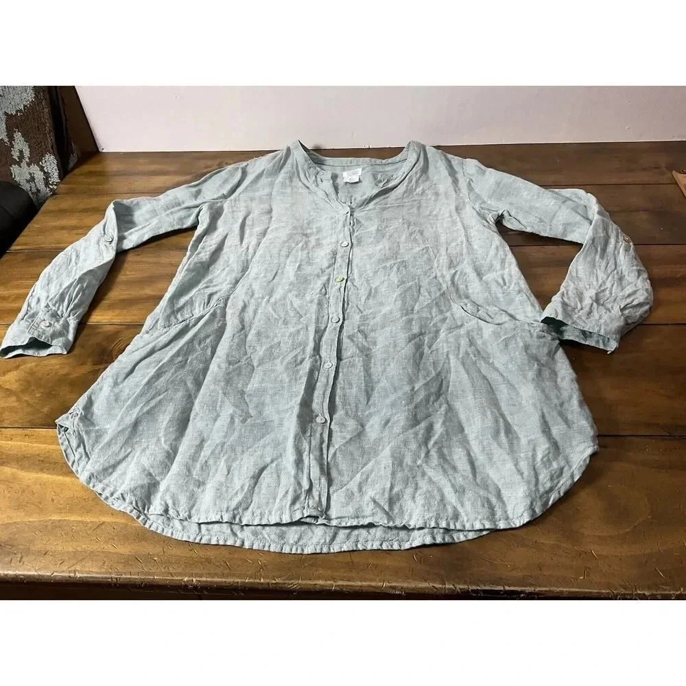 Sigrid Olsen Blue Linen Size Small Pocket Tunic Blouse